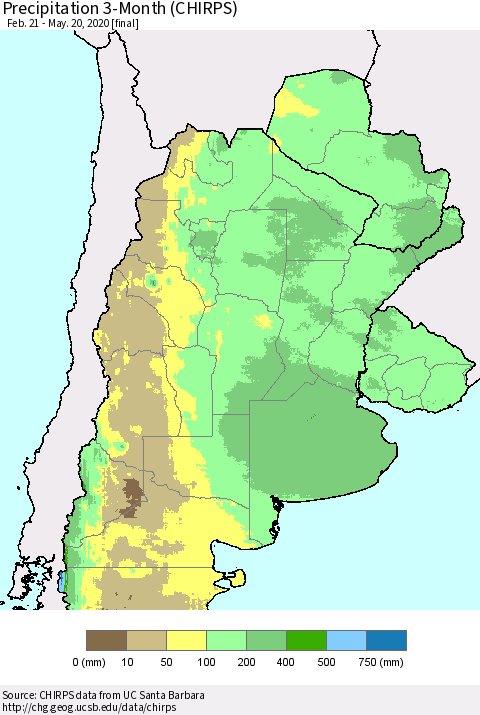 Southern South America Precipitation 3-Month (CHIRPS) Thematic Map For 2/21/2020 - 5/20/2020