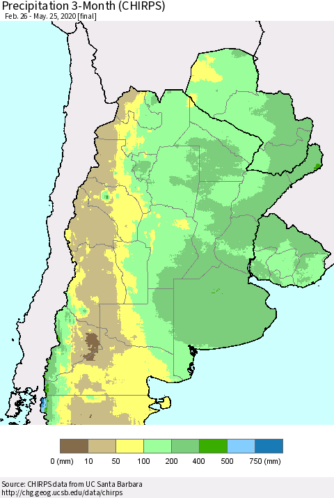 Southern South America Precipitation 3-Month (CHIRPS) Thematic Map For 2/26/2020 - 5/25/2020