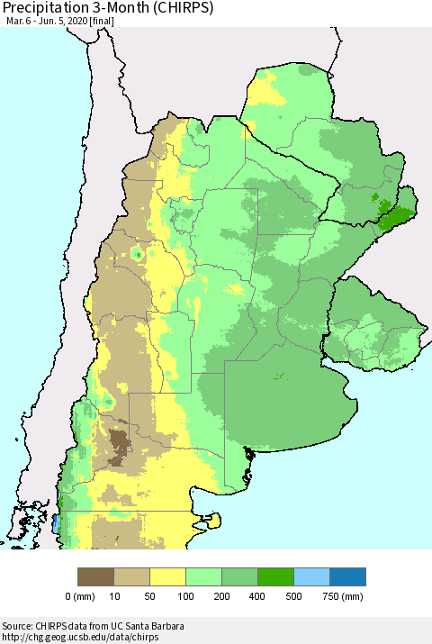 Southern South America Precipitation 3-Month (CHIRPS) Thematic Map For 3/6/2020 - 6/5/2020