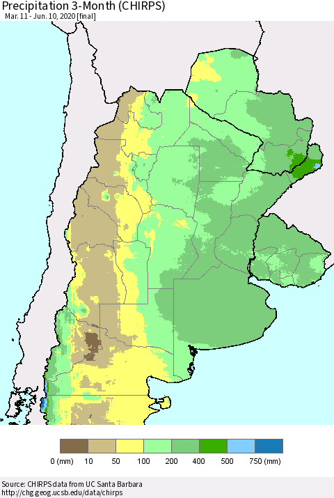 Southern South America Precipitation 3-Month (CHIRPS) Thematic Map For 3/11/2020 - 6/10/2020