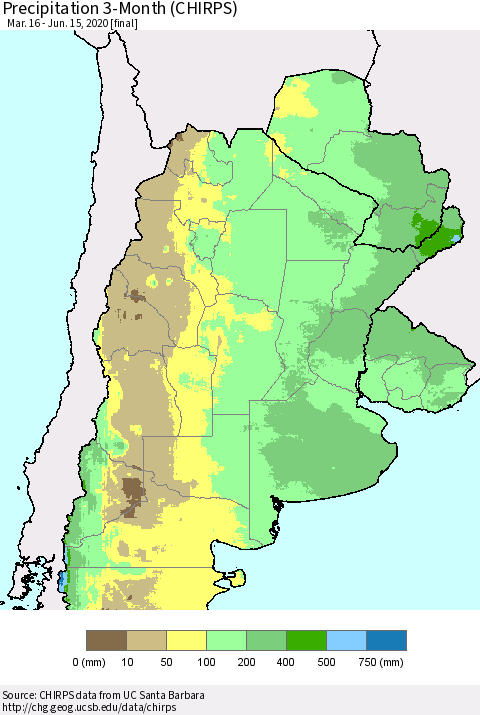 Southern South America Precipitation 3-Month (CHIRPS) Thematic Map For 3/16/2020 - 6/15/2020