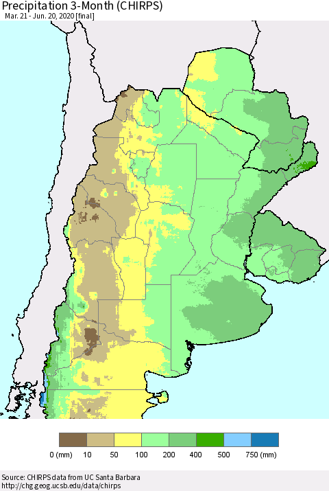Southern South America Precipitation 3-Month (CHIRPS) Thematic Map For 3/21/2020 - 6/20/2020