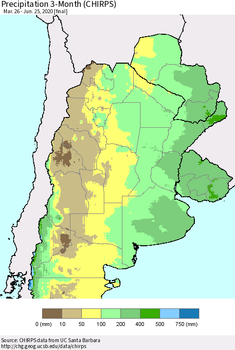 Southern South America Precipitation 3-Month (CHIRPS) Thematic Map For 3/26/2020 - 6/25/2020