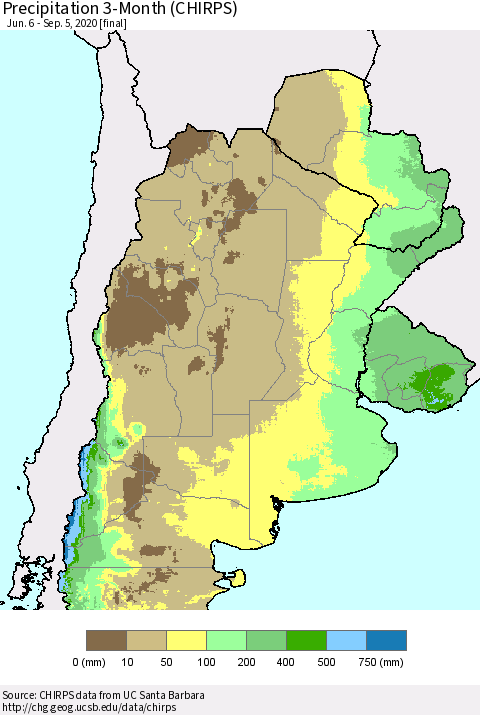 Southern South America Precipitation 3-Month (CHIRPS) Thematic Map For 6/6/2020 - 9/5/2020