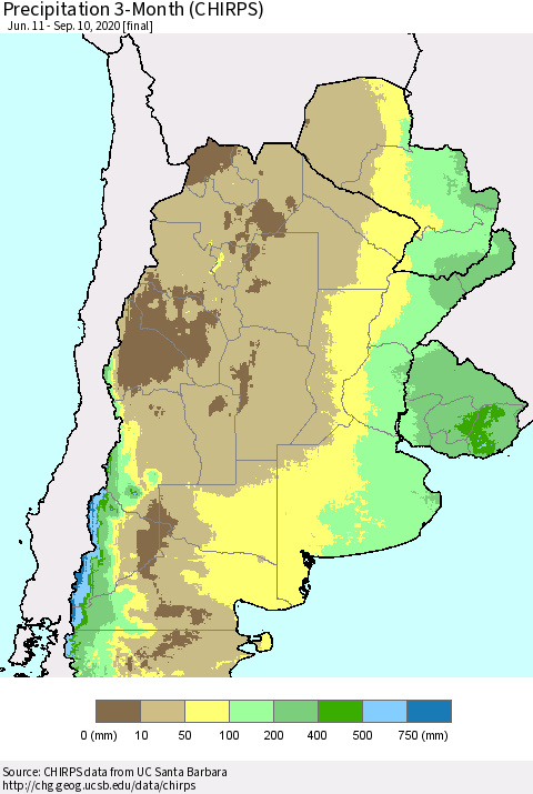 Southern South America Precipitation 3-Month (CHIRPS) Thematic Map For 6/11/2020 - 9/10/2020