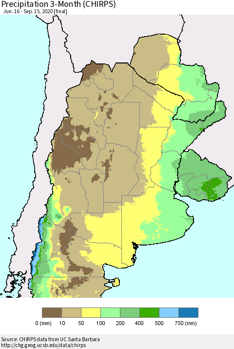 Southern South America Precipitation 3-Month (CHIRPS) Thematic Map For 6/16/2020 - 9/15/2020