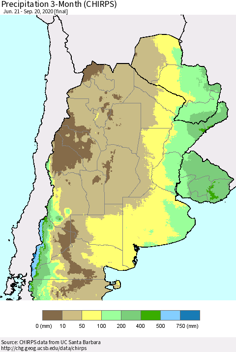 Southern South America Precipitation 3-Month (CHIRPS) Thematic Map For 6/21/2020 - 9/20/2020