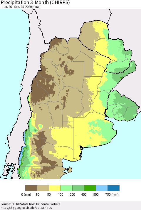 Southern South America Precipitation 3-Month (CHIRPS) Thematic Map For 6/26/2020 - 9/25/2020