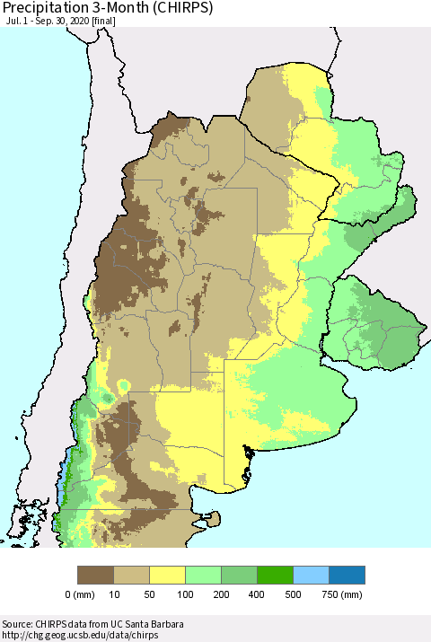 Southern South America Precipitation 3-Month (CHIRPS) Thematic Map For 7/1/2020 - 9/30/2020