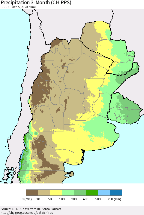 Southern South America Precipitation 3-Month (CHIRPS) Thematic Map For 7/6/2020 - 10/5/2020