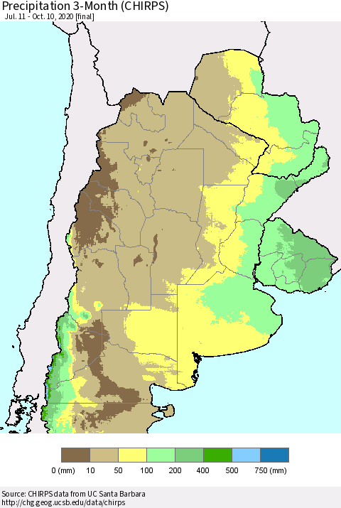 Southern South America Precipitation 3-Month (CHIRPS) Thematic Map For 7/11/2020 - 10/10/2020