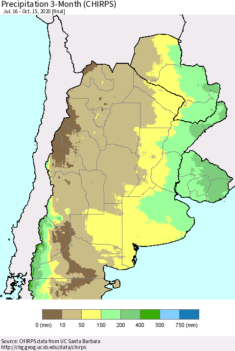 Southern South America Precipitation 3-Month (CHIRPS) Thematic Map For 7/16/2020 - 10/15/2020