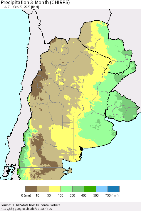 Southern South America Precipitation 3-Month (CHIRPS) Thematic Map For 7/21/2020 - 10/20/2020