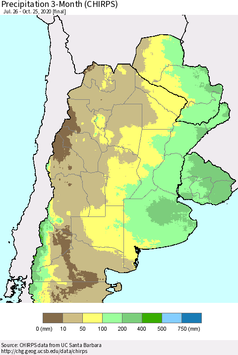 Southern South America Precipitation 3-Month (CHIRPS) Thematic Map For 7/26/2020 - 10/25/2020
