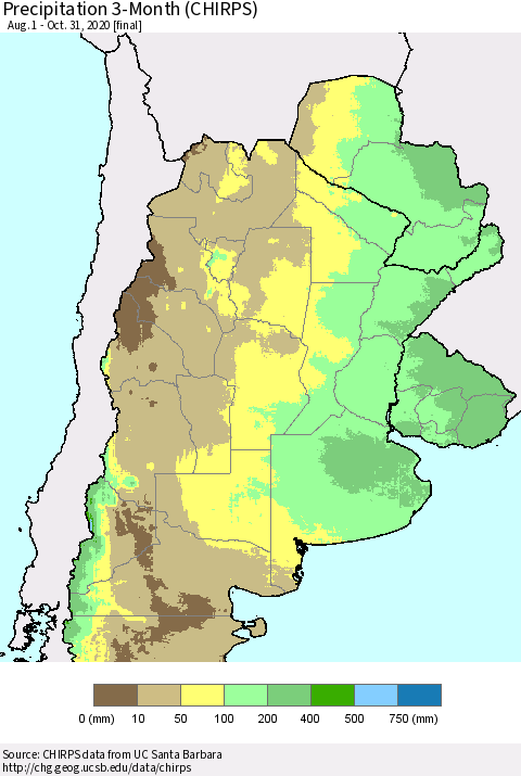 Southern South America Precipitation 3-Month (CHIRPS) Thematic Map For 8/1/2020 - 10/31/2020
