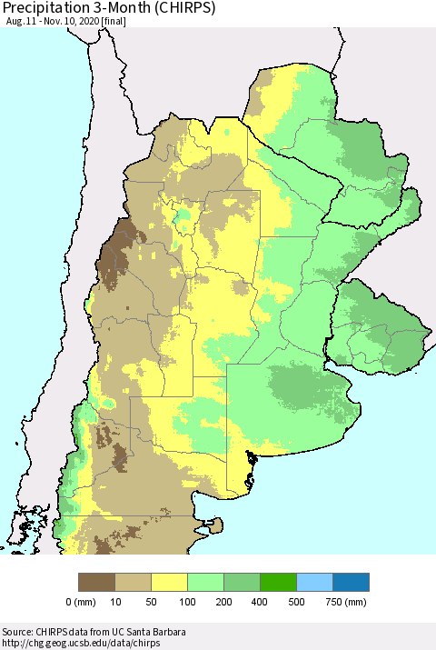 Southern South America Precipitation 3-Month (CHIRPS) Thematic Map For 8/11/2020 - 11/10/2020