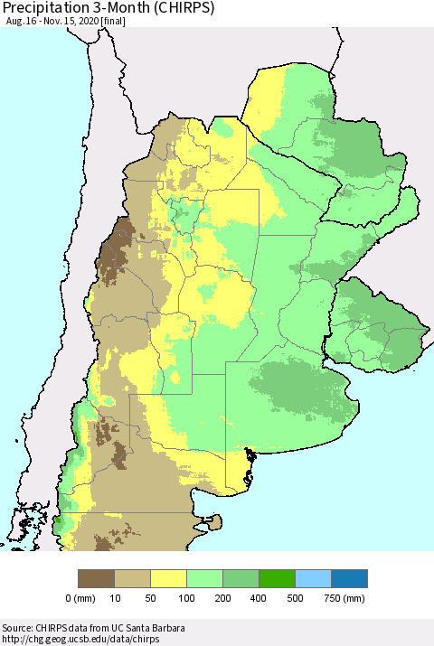 Southern South America Precipitation 3-Month (CHIRPS) Thematic Map For 8/16/2020 - 11/15/2020