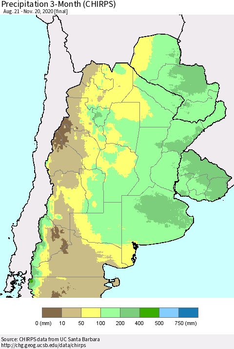 Southern South America Precipitation 3-Month (CHIRPS) Thematic Map For 8/21/2020 - 11/20/2020