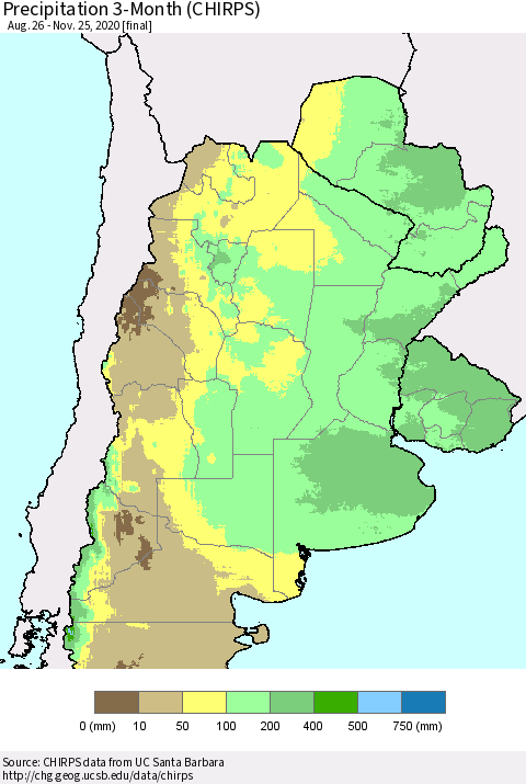 Southern South America Precipitation 3-Month (CHIRPS) Thematic Map For 8/26/2020 - 11/25/2020