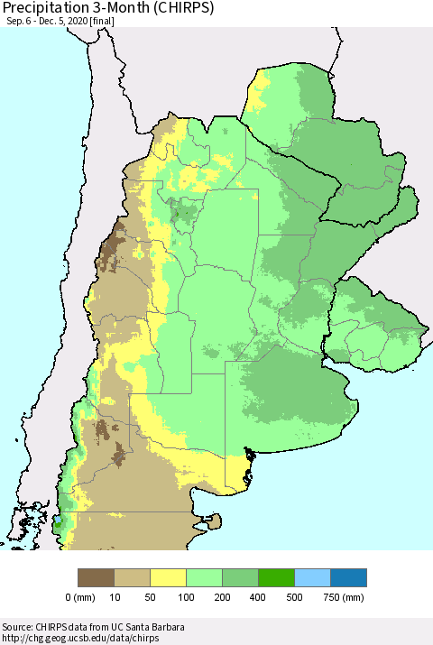 Southern South America Precipitation 3-Month (CHIRPS) Thematic Map For 9/6/2020 - 12/5/2020
