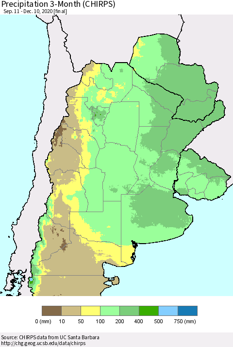 Southern South America Precipitation 3-Month (CHIRPS) Thematic Map For 9/11/2020 - 12/10/2020
