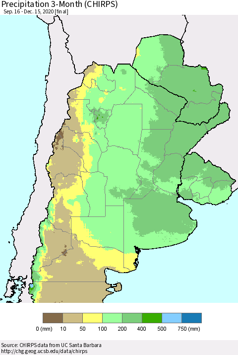 Southern South America Precipitation 3-Month (CHIRPS) Thematic Map For 9/16/2020 - 12/15/2020