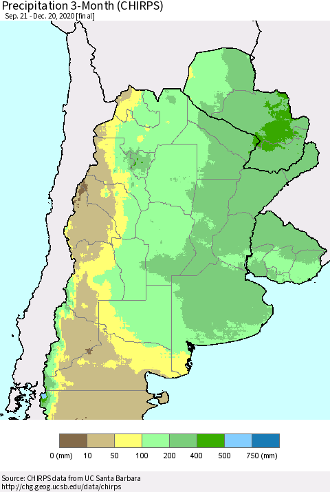 Southern South America Precipitation 3-Month (CHIRPS) Thematic Map For 9/21/2020 - 12/20/2020