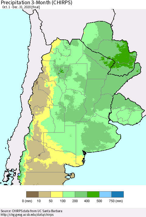 Southern South America Precipitation 3-Month (CHIRPS) Thematic Map For 10/1/2020 - 12/31/2020