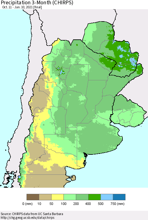 Southern South America Precipitation 3-Month (CHIRPS) Thematic Map For 10/11/2020 - 1/10/2021