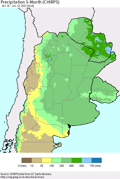 Southern South America Precipitation 3-Month (CHIRPS) Thematic Map For 10/16/2020 - 1/15/2021