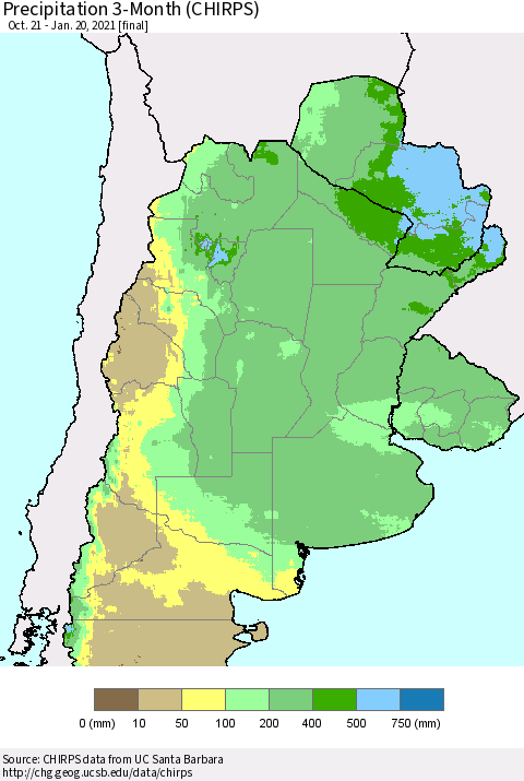 Southern South America Precipitation 3-Month (CHIRPS) Thematic Map For 10/21/2020 - 1/20/2021