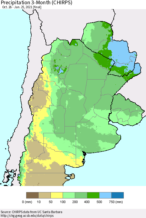 Southern South America Precipitation 3-Month (CHIRPS) Thematic Map For 10/26/2020 - 1/25/2021