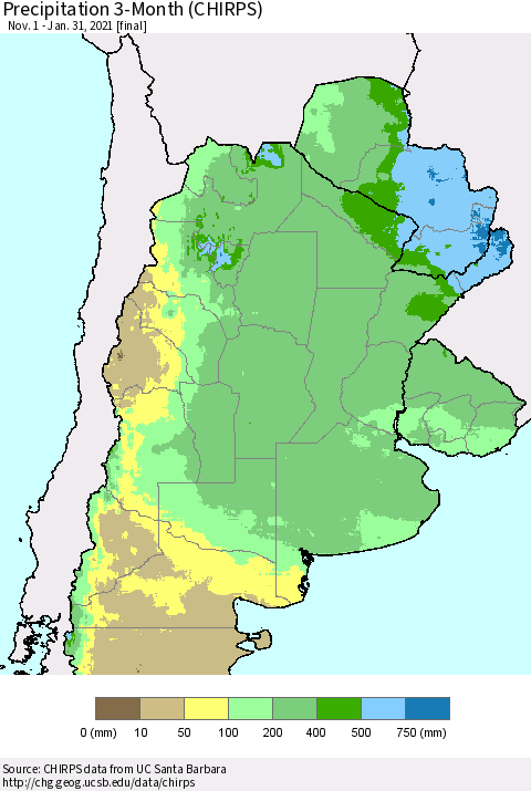 Southern South America Precipitation 3-Month (CHIRPS) Thematic Map For 11/1/2020 - 1/31/2021