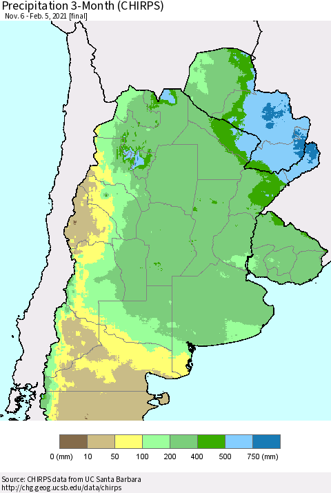 Southern South America Precipitation 3-Month (CHIRPS) Thematic Map For 11/6/2020 - 2/5/2021