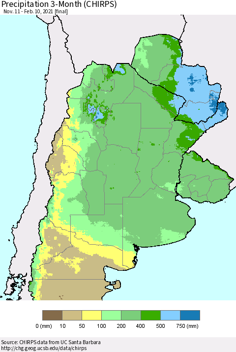 Southern South America Precipitation 3-Month (CHIRPS) Thematic Map For 11/11/2020 - 2/10/2021