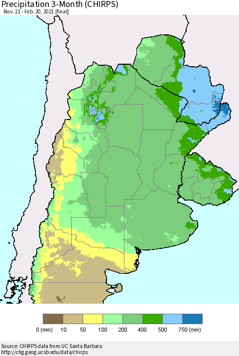 Southern South America Precipitation 3-Month (CHIRPS) Thematic Map For 11/21/2020 - 2/20/2021