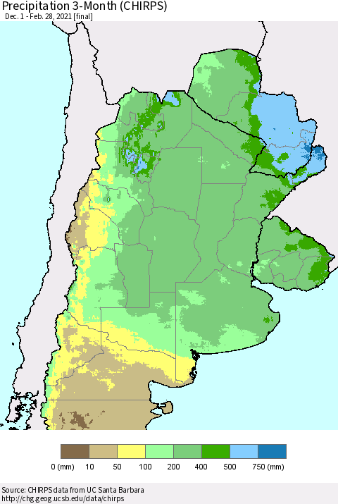 Southern South America Precipitation 3-Month (CHIRPS) Thematic Map For 12/1/2020 - 2/28/2021