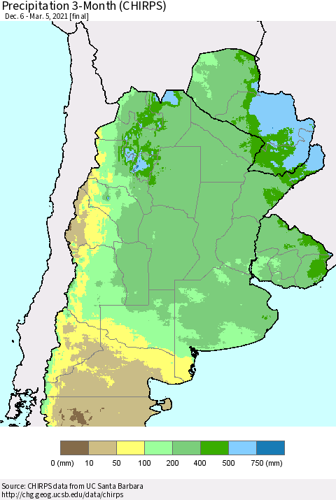 Southern South America Precipitation 3-Month (CHIRPS) Thematic Map For 12/6/2020 - 3/5/2021