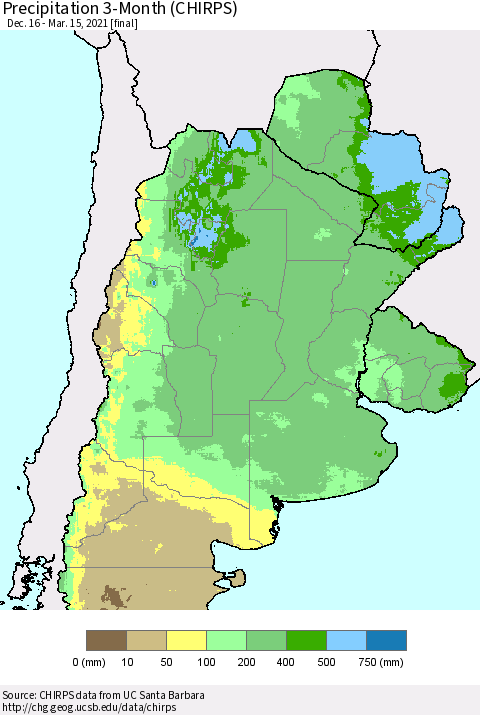 Southern South America Precipitation 3-Month (CHIRPS) Thematic Map For 12/16/2020 - 3/15/2021
