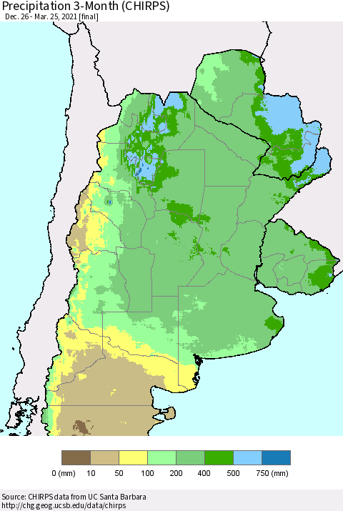 Southern South America Precipitation 3-Month (CHIRPS) Thematic Map For 12/26/2020 - 3/25/2021