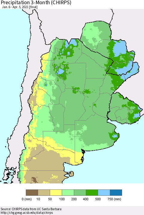Southern South America Precipitation 3-Month (CHIRPS) Thematic Map For 1/6/2021 - 4/5/2021