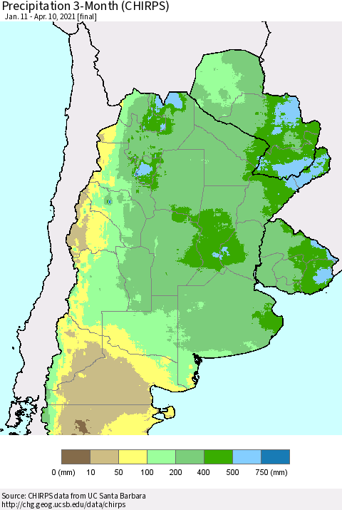 Southern South America Precipitation 3-Month (CHIRPS) Thematic Map For 1/11/2021 - 4/10/2021