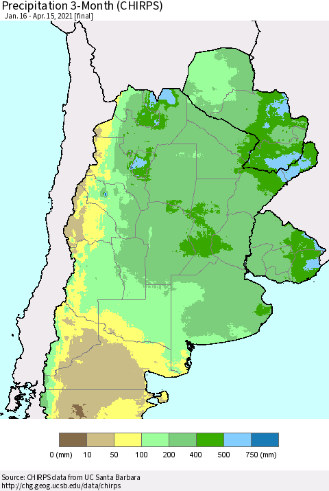 Southern South America Precipitation 3-Month (CHIRPS) Thematic Map For 1/16/2021 - 4/15/2021