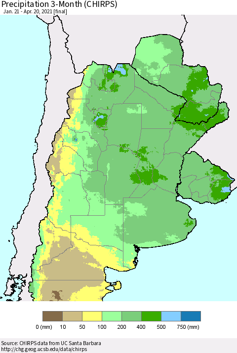 Southern South America Precipitation 3-Month (CHIRPS) Thematic Map For 1/21/2021 - 4/20/2021