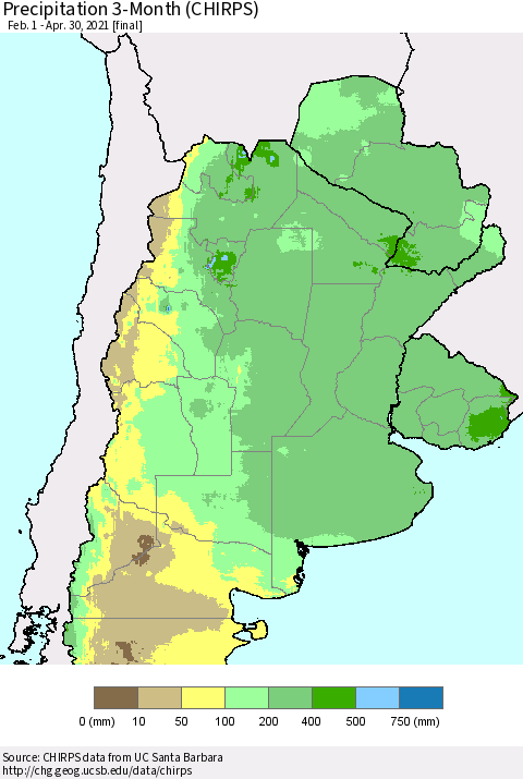 Southern South America Precipitation 3-Month (CHIRPS) Thematic Map For 2/1/2021 - 4/30/2021