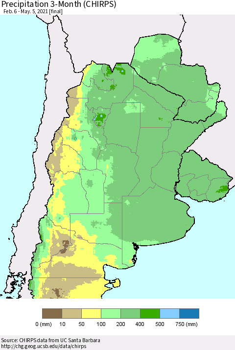 Southern South America Precipitation 3-Month (CHIRPS) Thematic Map For 2/6/2021 - 5/5/2021