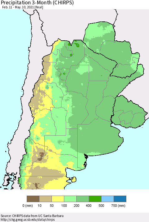 Southern South America Precipitation 3-Month (CHIRPS) Thematic Map For 2/11/2021 - 5/10/2021