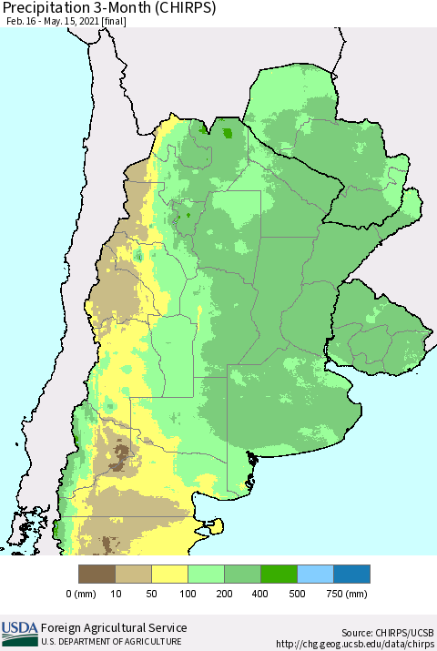 Southern South America Precipitation 3-Month (CHIRPS) Thematic Map For 2/16/2021 - 5/15/2021