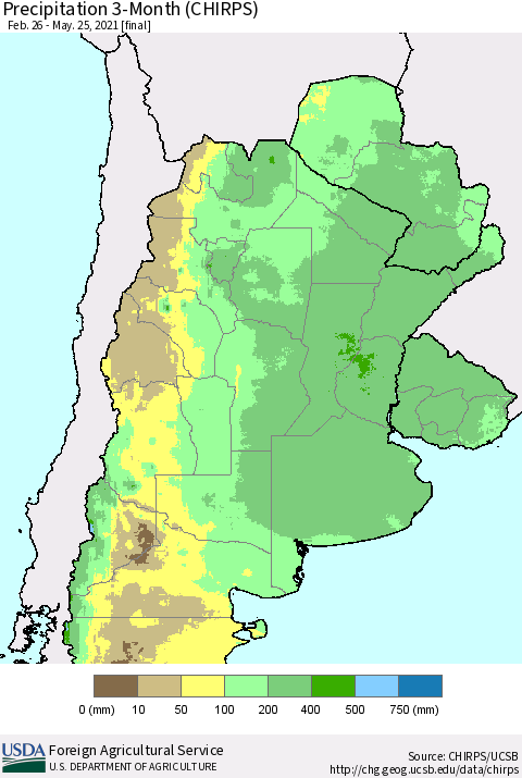 Southern South America Precipitation 3-Month (CHIRPS) Thematic Map For 2/26/2021 - 5/25/2021