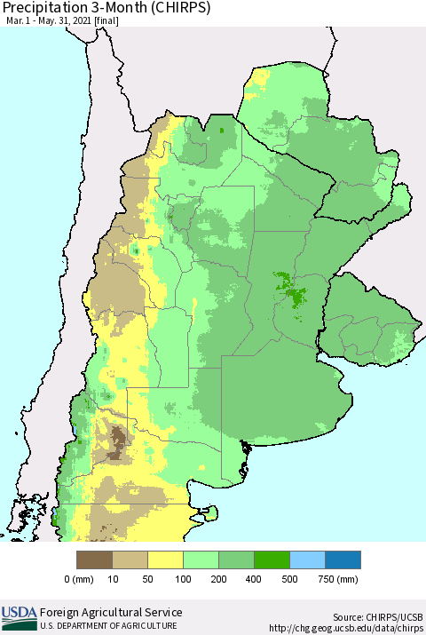 Southern South America Precipitation 3-Month (CHIRPS) Thematic Map For 3/1/2021 - 5/31/2021